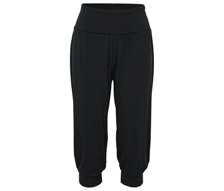 Schwarze Haremshose mit elastischem Bund und Bündchen.