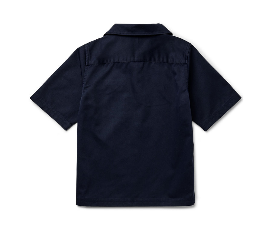 Dunkelblaues Kinder-Overshirt mit kurzen Ärmeln von hinten.