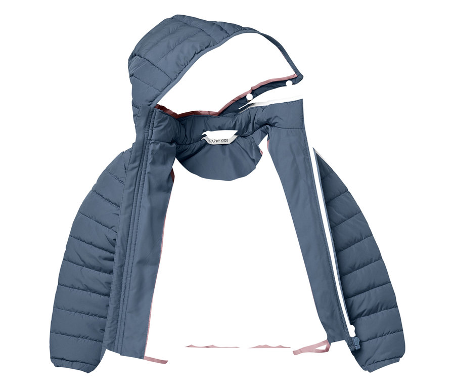 Offene, gesteppte, blaue Jacke mit Kapuze.