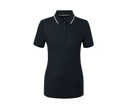 Dunkelblaues Funktionspoloshirt mit weißem Kragen.