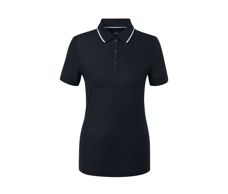 Dunkelblaues Funktionspoloshirt mit weißem Kragen.