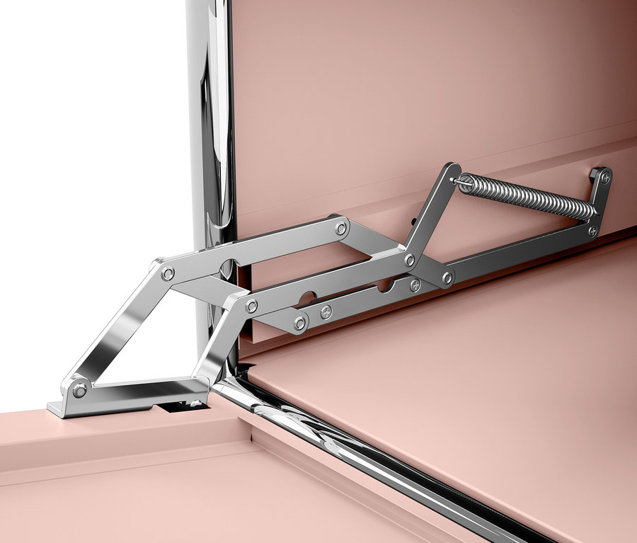 Detailaufnahme des Öffnungsmechanismus eines rosafarbenen Schranks.