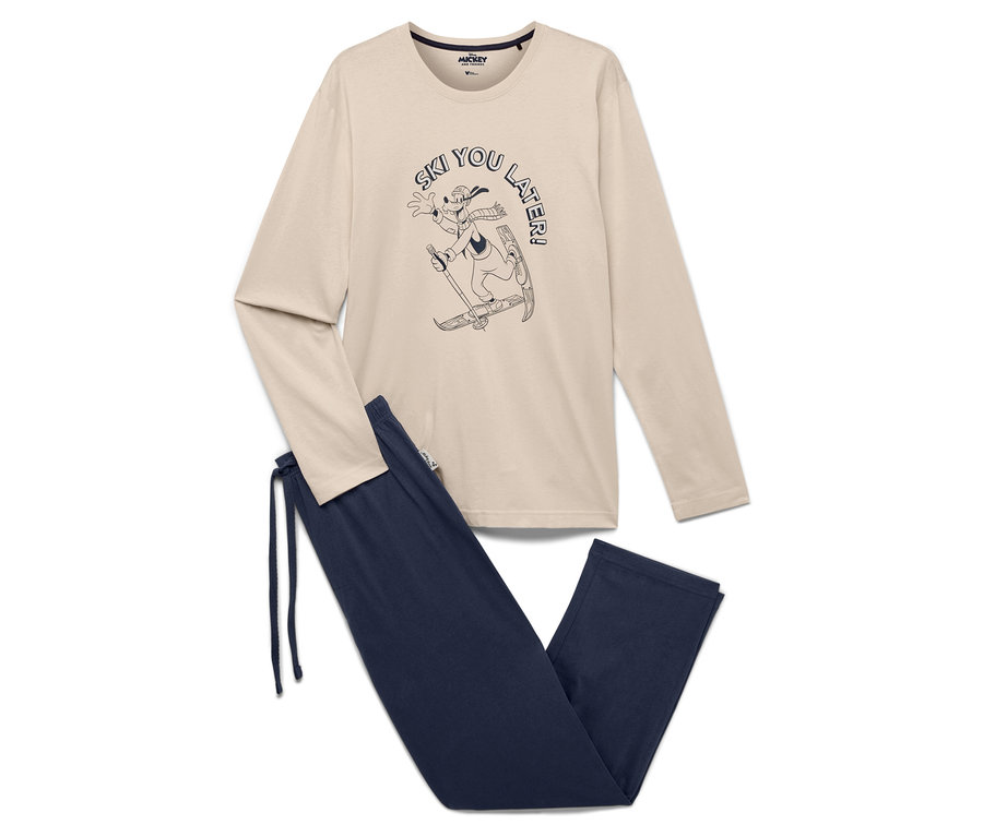 Beige »Mickey and Friends« Pyjama, bestehend aus einem langärmligen Oberteil mit einer Illustration von Goofy beim Skifahren und einer marineblauen Hose.