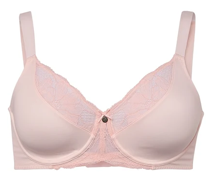 Detailaufnahme eines hellrosa BHs mit Spitze.