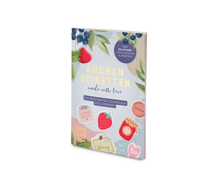 Buch "Küchenetiketten" mit Illustrationen von Obst und Kräutern.
