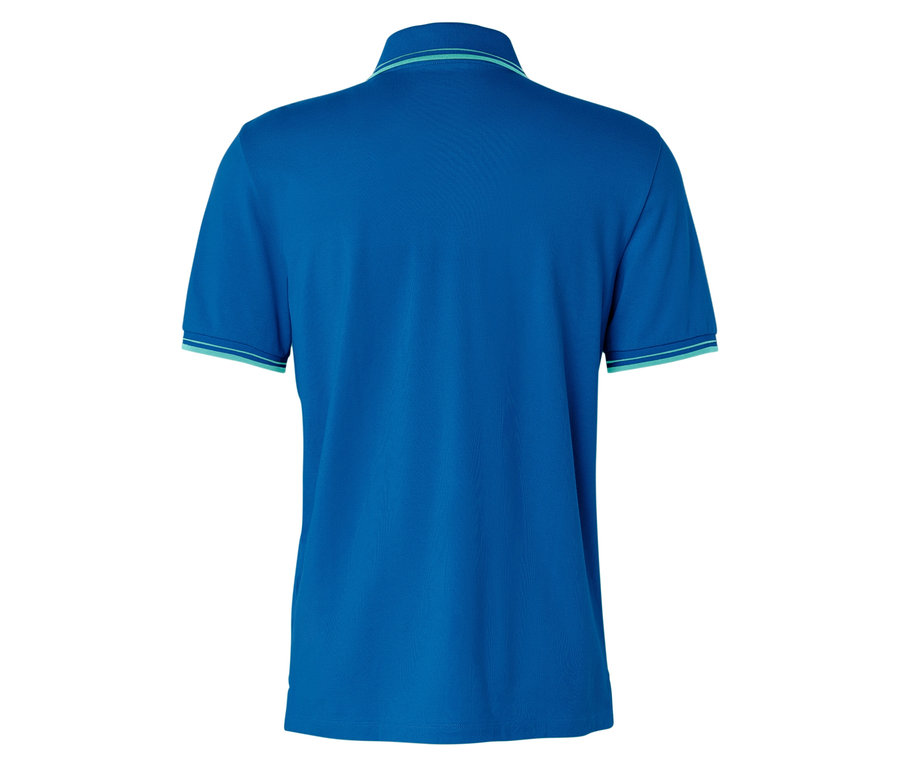 Rückansicht eines blauen Poloshirts mit grünen Akzenten.