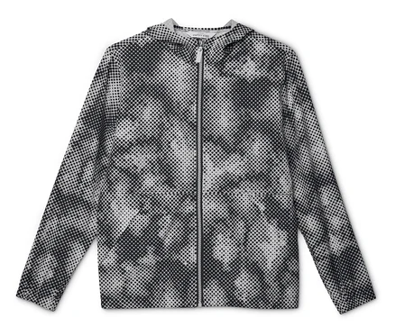 Kinder-Windbreaker-Jacke mit Kapuze und Reißverschluss in Schwarz-Weiß-Punktmuster, liegend.