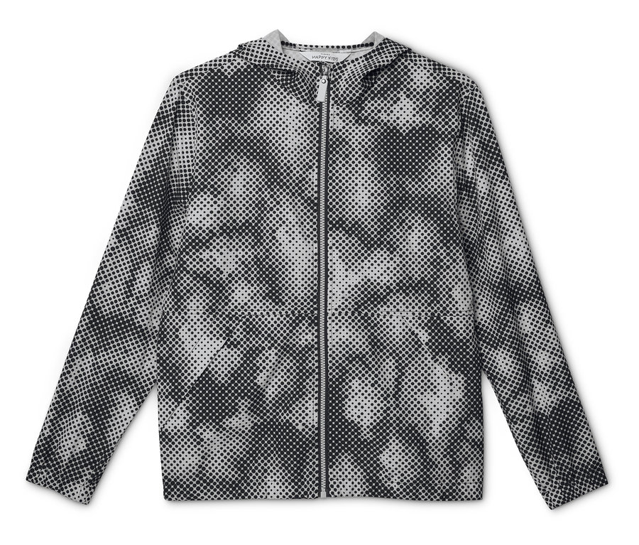 Kinder-Windbreaker-Jacke mit Kapuze und Reißverschluss in Schwarz-Weiß-Punktmuster, liegend.