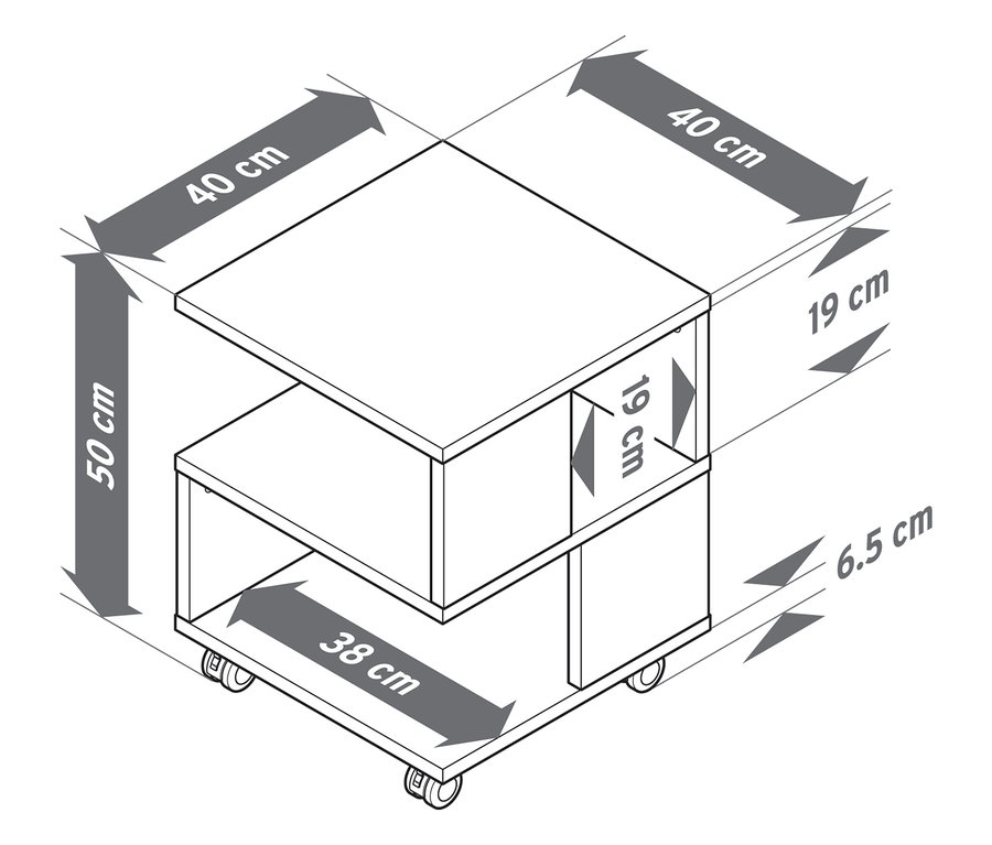 Draufsicht eines Couchtischs in Holzoptik auf Rollen mit Maßangaben.