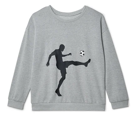 Graues Sweatshirt mit Silhouette eines Fußballspielers, der einen Ball tritt.