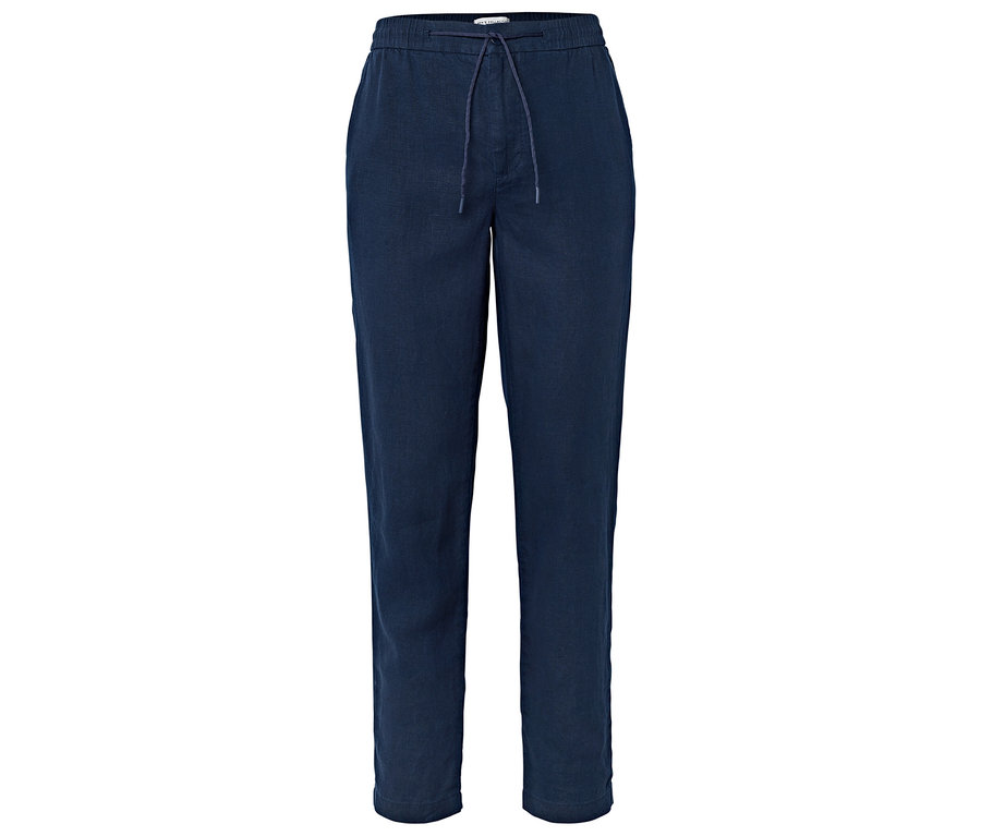 Dunkelblaue Leinenhose mit Kordelzug.