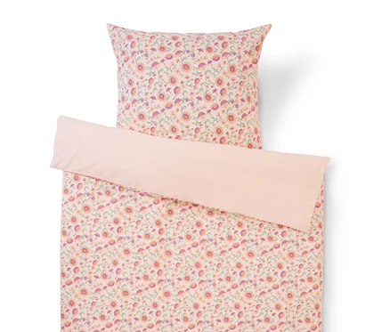 Bettwäsche-Set mit Blumenmuster in Rosa, Lila und Grün, bestehend aus einem Kissenbezug und einem Bettbezug.