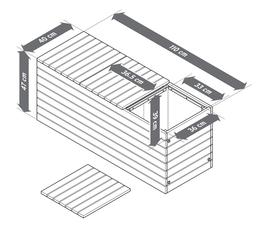 Draufsicht eines montierten rechteckigen Pflanzkastens aus Holz mit den Maßen 110 cm Länge, 40 cm Breite und 47 cm Höhe.