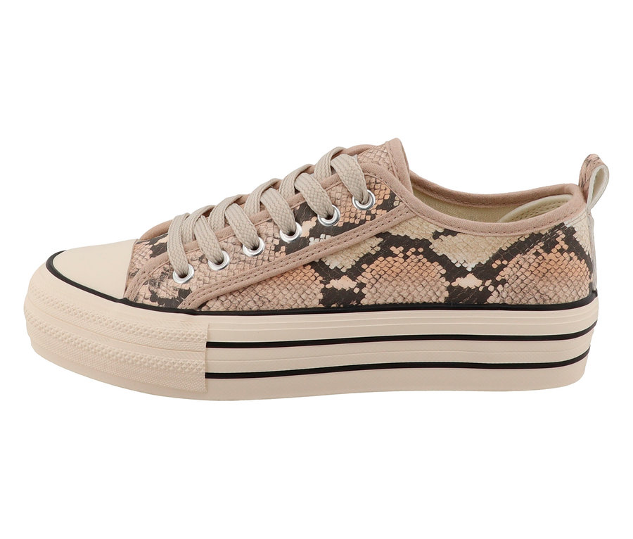 Beiger Plateau-Sneaker mit Schlangenmuster, Seitenansicht.