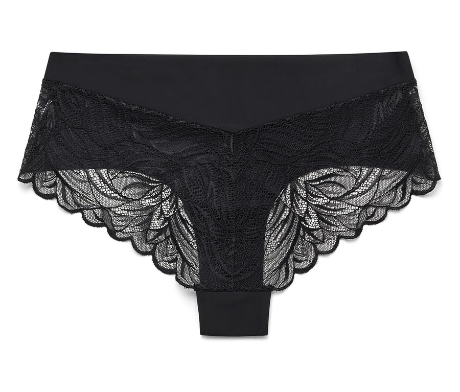 Schwarzer Damen-Hipster-Slip mit floraler Spitze.