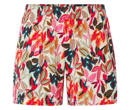 Shorts mit Blätter- und Vogelmuster.