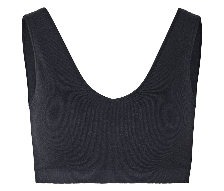 Schwarzes, geripptes Bustier mit V-Ausschnitt und breiten Trägern.