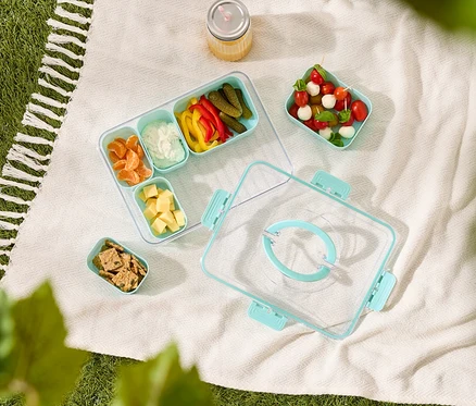 Auf einer Decke liegen eine Lunchbox mit Mandarinen, Dip, Paprika, Gurken und Käsestückchen, eine Schale mit Crackern und eine Schale mit Tomaten-Mozzarella-Spießen.