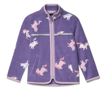 Lila Fleecejacke mit durchgehendem Reißverschluss und Einhornmuster.