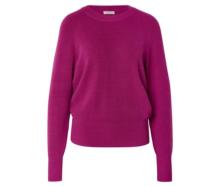 Magenta Feinstrickpullover mit Rundhalsausschnitt, langen Ärmeln und Rippbündchen.