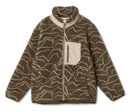 Olivgrüne Fleecejacke mit beigem, abstraktem Wellenmuster, durchgehendem Reißverschluss, Stehkragen und einer Brusttasche mit Reißverschluss.