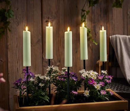 Fünf brennende, grüne Kerzen stehen in einem Holzkasten mit lila und weißen Blumen vor einer Holzwand.