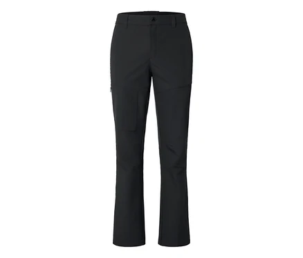 Schwarze Hose mit Reißverschlusstasche am linken Oberschenkel, Knopf- und Reißverschluss vorne.