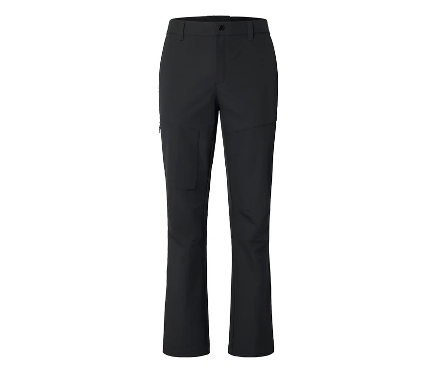 Schwarze Hose mit Reißverschlusstasche am linken Oberschenkel, Knopf- und Reißverschluss vorne.