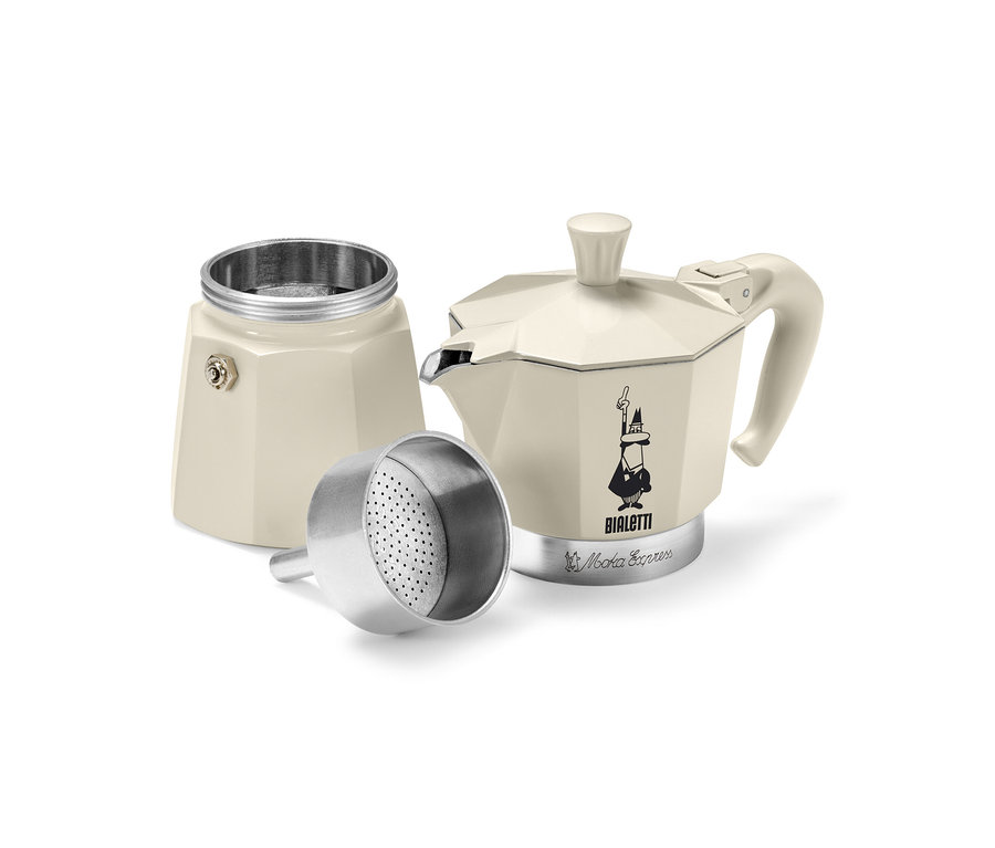 Ein zerlegter Espressokocher »Bialetti Moka Express« 190 ml in Creme.