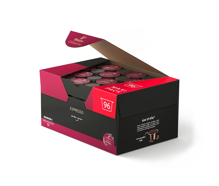 Offene schwarze und magentafarbene Schachtel mit 96 Cafissimo Espresso kräftig Kapseln.