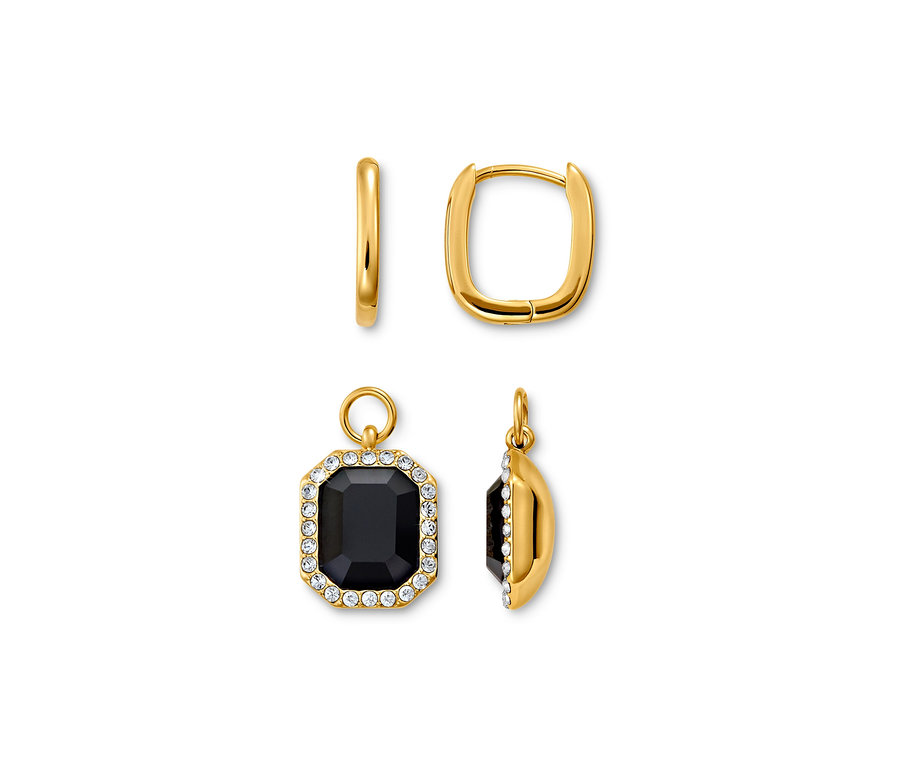 Zwei goldene Creolen Royal Black mit schwarzem, rechteckigem Stein und klaren Schmucksteinen.