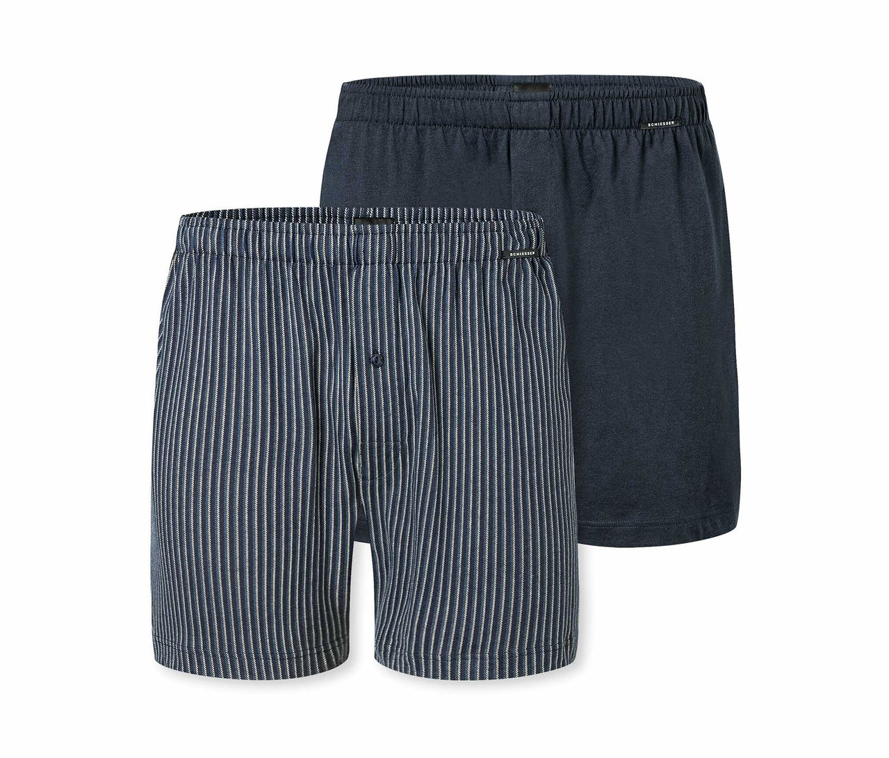 Zwei SCHIESSER Jersey-Boxer, einer blau gestreift, einer dunkelblau.