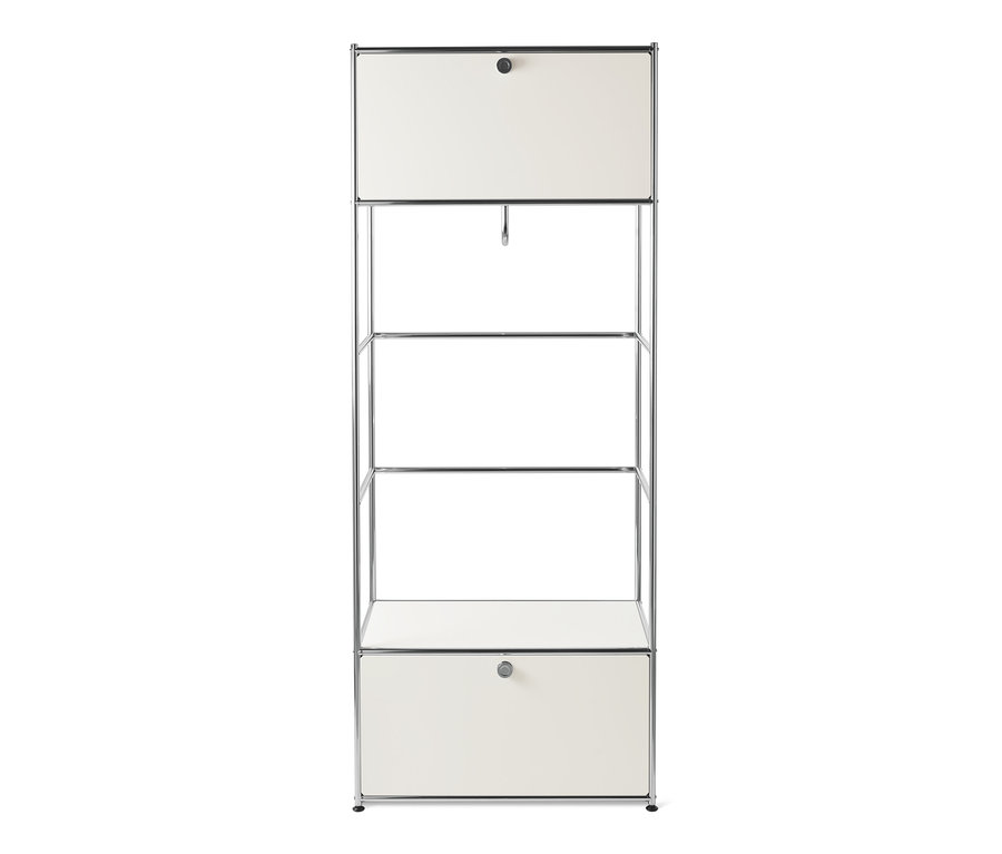 Weißes Metallgarderobe »CN3« mit zwei Schränken und offenen Regalen.