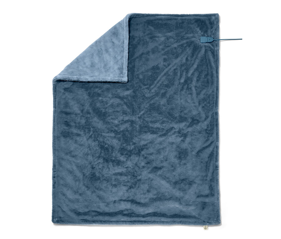 Eine blaue Heizdecke mit Bedienelement.