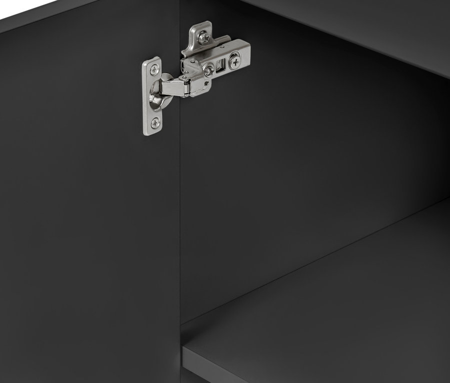 Detailaufnahme vom Innenraum eines anthrazitfarbenen Bad-Sideboards »Eklund« mit Scharnieren.