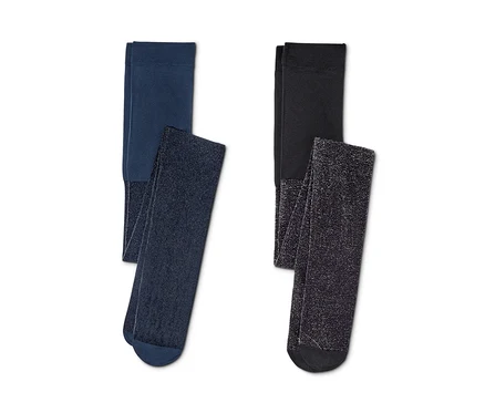 Zwei Glitzerstrumpfhosen: eine dunkelblaue und eine schwarze.