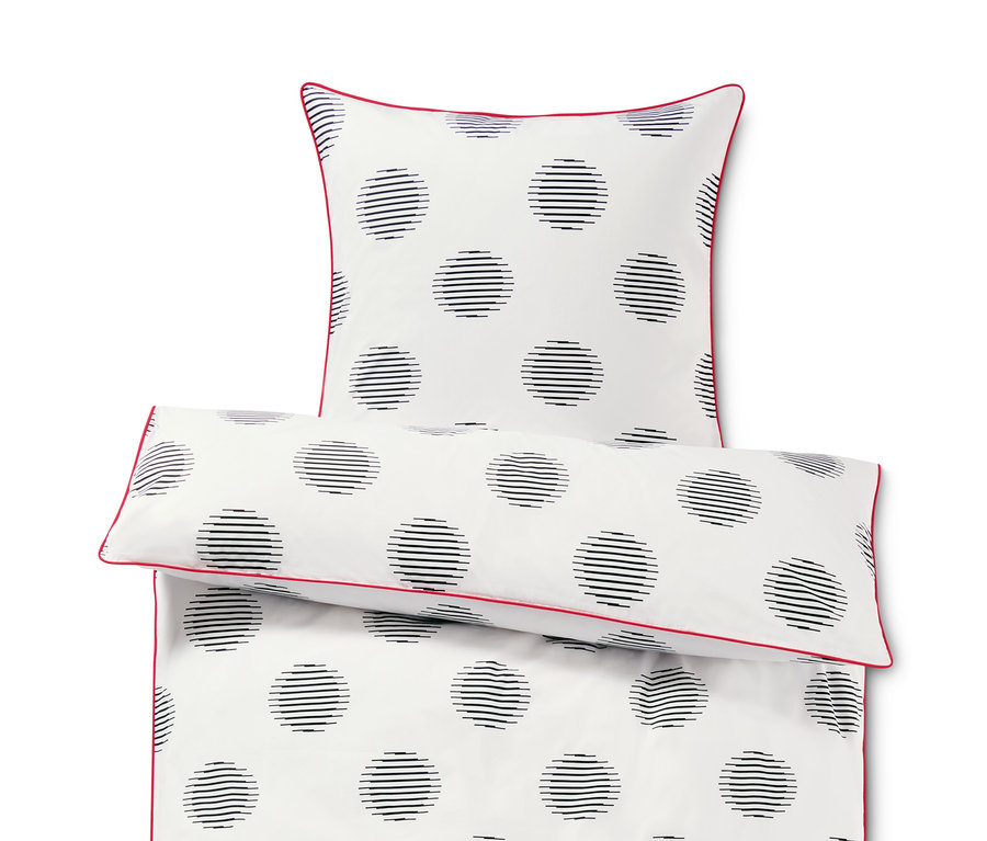 Weiße Perkal-Bettwäsche Normalgröße mit schwarzen Kreisen und rotem Rand.