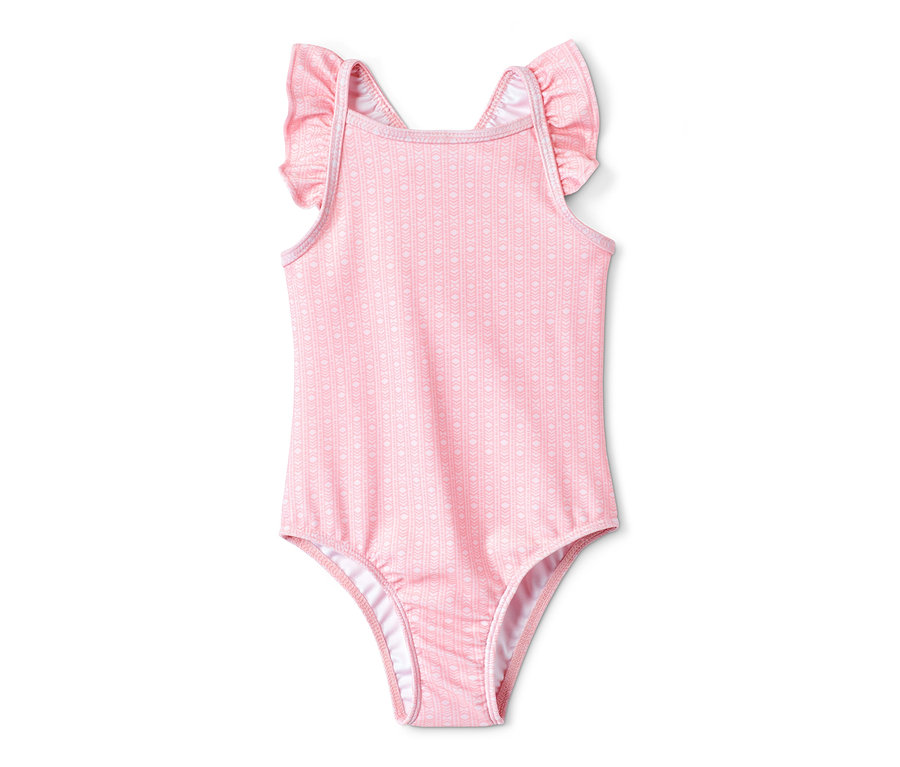 Rosa Badeanzug mit recyceltem Material und Rüschen an den Schultern.