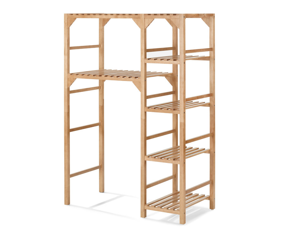 Ein Waschmachinenregal mit Seitenelement und mehreren Regalböden.