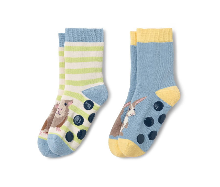 Zwei Paar Kleinkind-Antirutsch-Socken mit Tiermotiv.