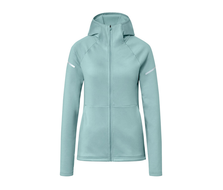 Helle blaue Thermojacke mit Reißverschluss und Kapuze.