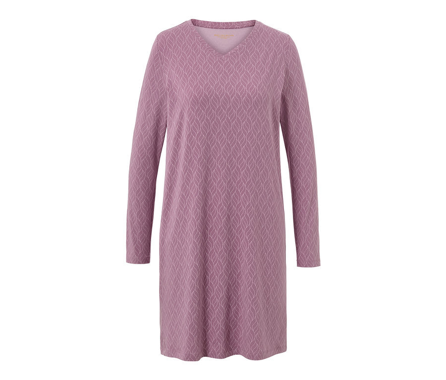 Lila Nachthemd mit langen Ärmeln und Blattmuster.