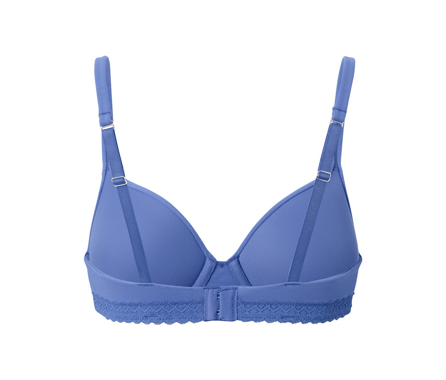 Blauer T-Shirt-BH, Detail der Rückseite mit Verschluss.