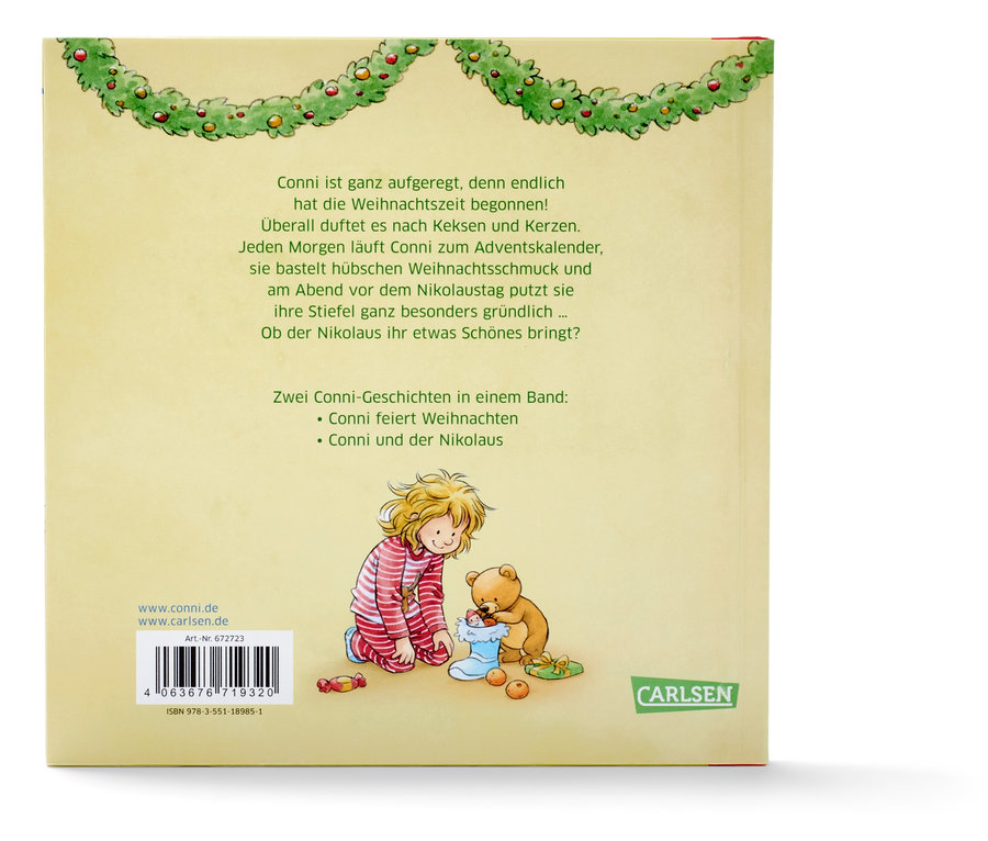 Illustration eines Kinderbuchs mit einem Mädchen und einem Teddybär an einem Weihnachtsstrumpf.