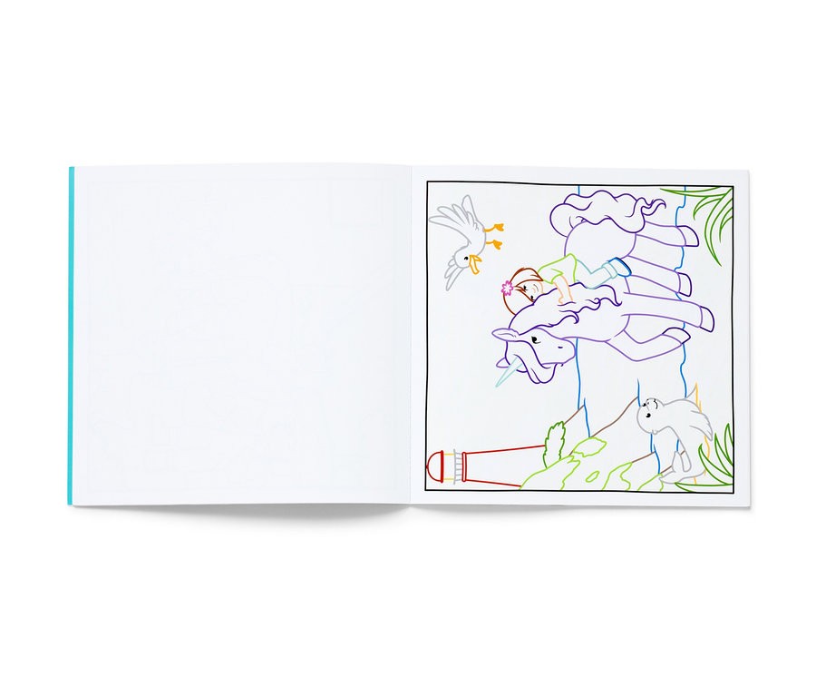 Offenes Buch »Zauberpapier Malbuch ‒ Einhörner & Co.« mit einer Abbildung eines Mädchens auf einem Einhorn, einem Vogel und einer Katze.
