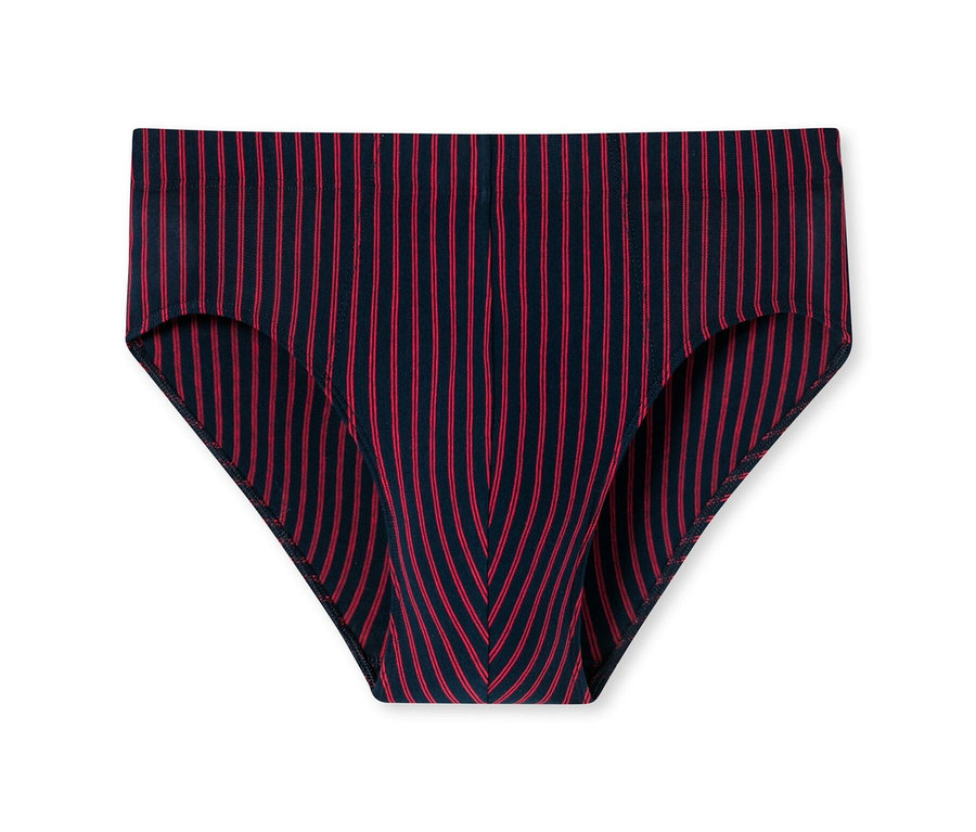 Rote SCHIESSER Supermini mit Bio-Baumwolle mit dünnen vertikalen Streifen auf weißem Hintergrund.