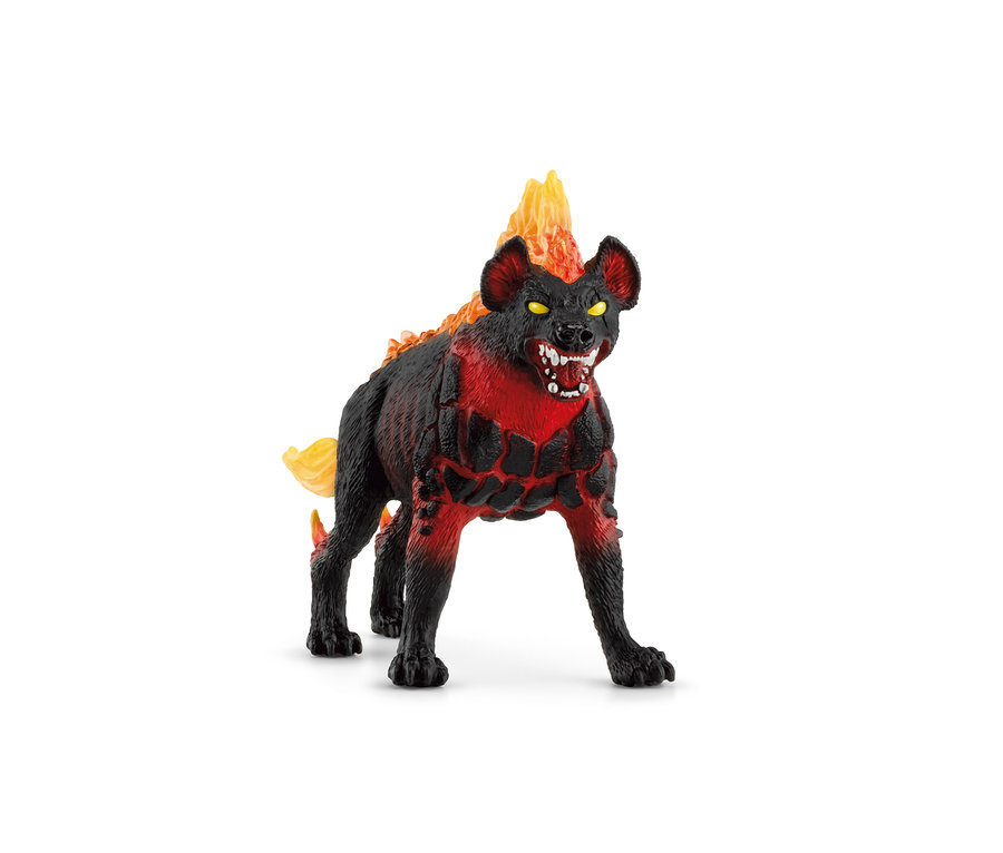 Eine Schleich Eldrador BattleCave Lavahyäne Figur steht auf einem weißen Hintergrund.