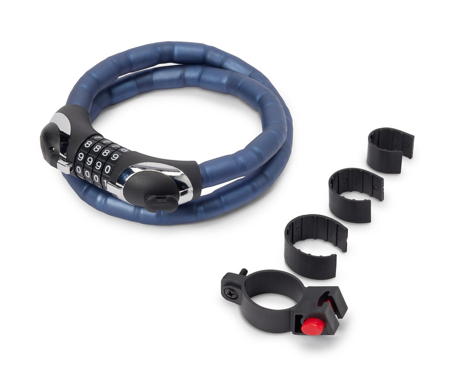 Blaues LED-Panzerkabelschloss mit Halterung.