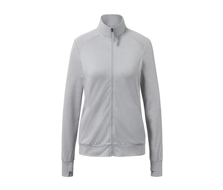 Eine weiße, melierte Funktionsjacke mit Reißverschluss.