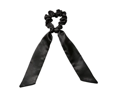 Ein schwarzes, einfarbiges Haargummi mit Bändern.